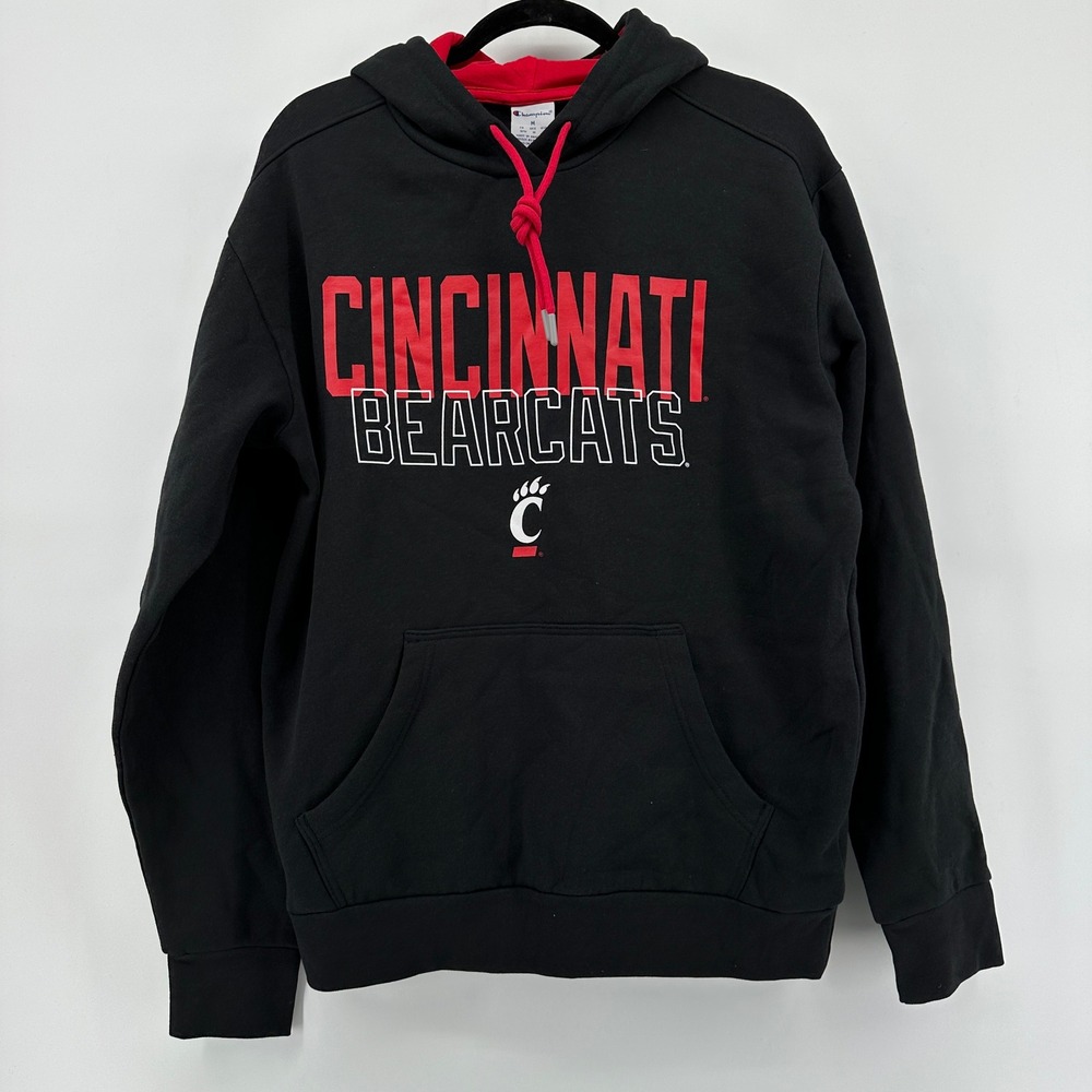 Champion Mens XL Colorblock Hoodie Black Red Fleece Pullover Sweatshirt